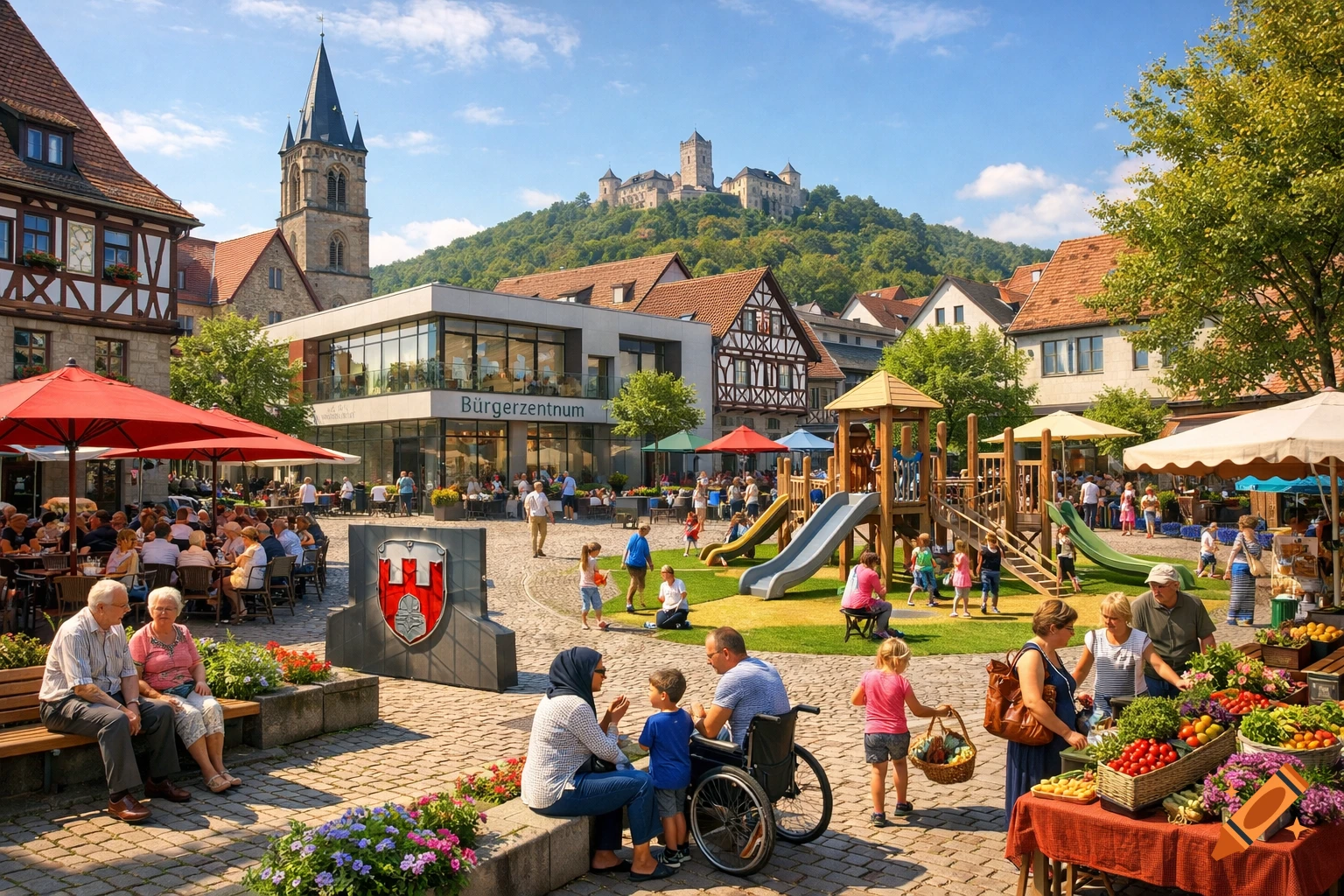 A bustling German town square with a "B gerzentrum" building, outdoor cafe, playground, market stall, and a castle on a hill.