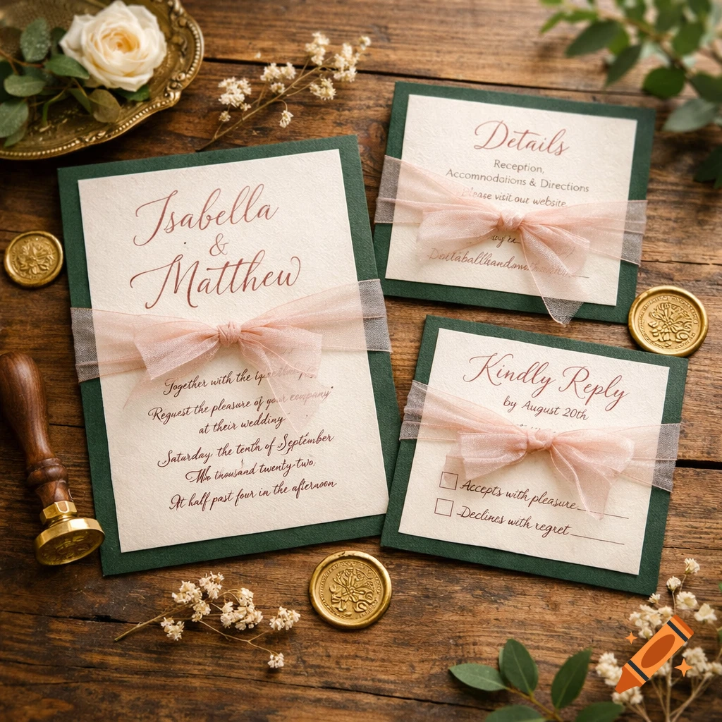 Elegant wedding invitations in hunter green and ivory, tied with blush pink tulle bows, displayed on a rustic wooden table with wax seals and a white rose.