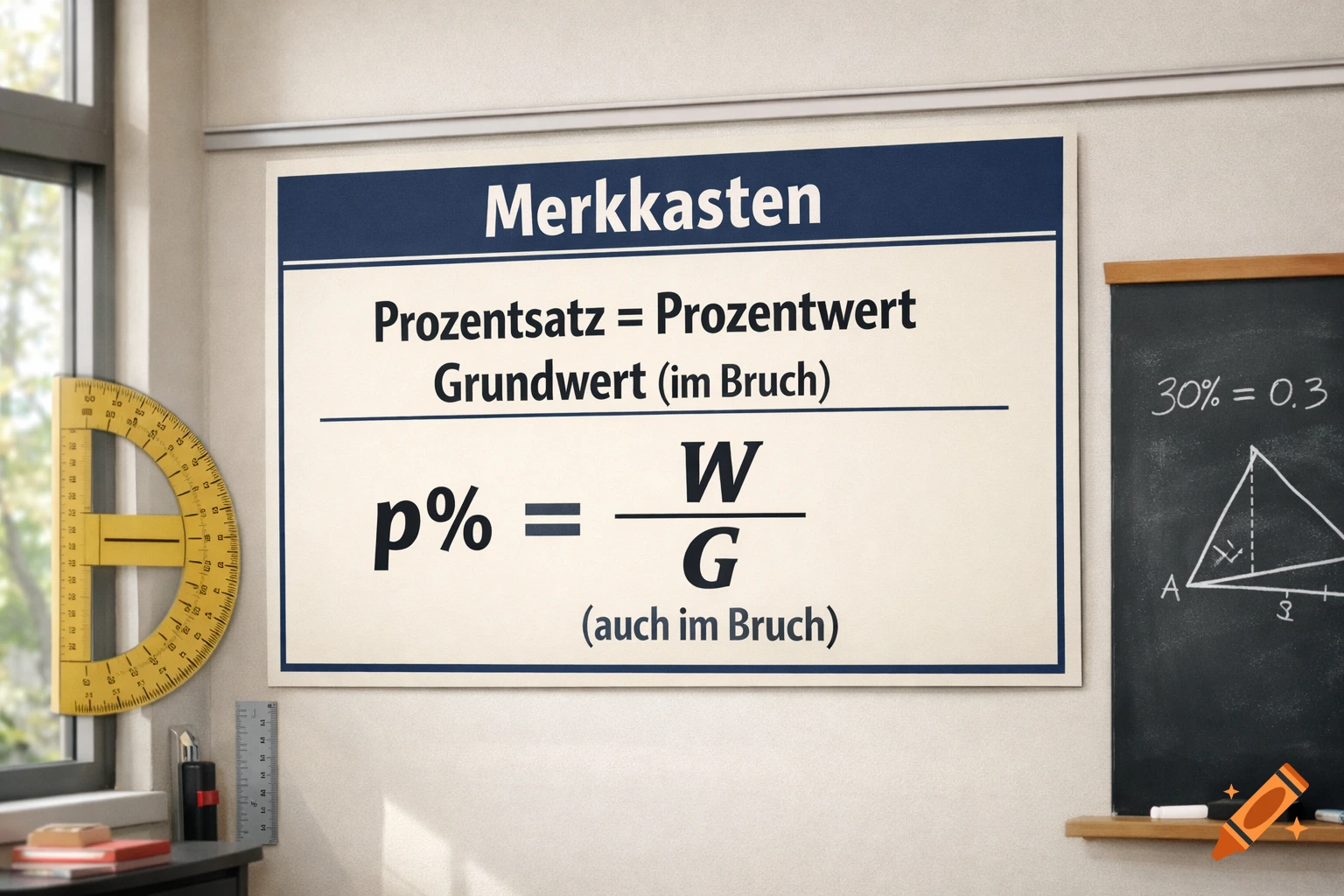 A bright classroom with a large math poster detailing percentage formulas on the wall next to a blackboard and a yellow protractor on a desk.