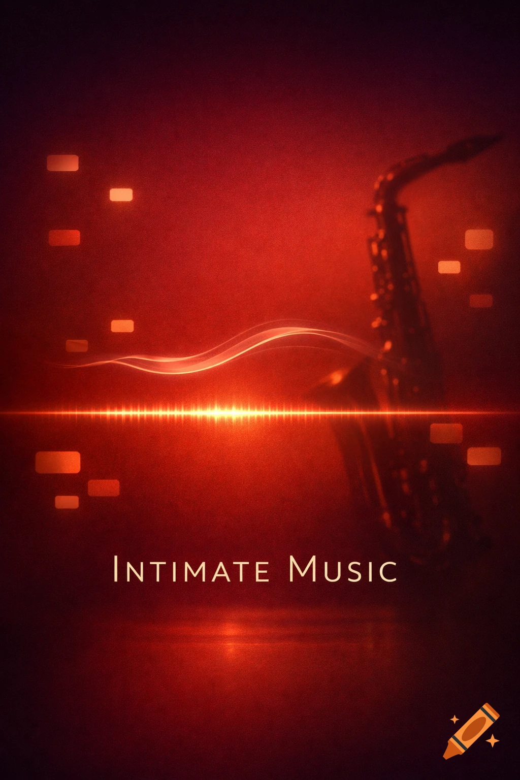 A minimalist music poster with a saxophone silhouette, glowing horizontal line, abstract shapes, and 'Intimate Music' text on a deep red background.