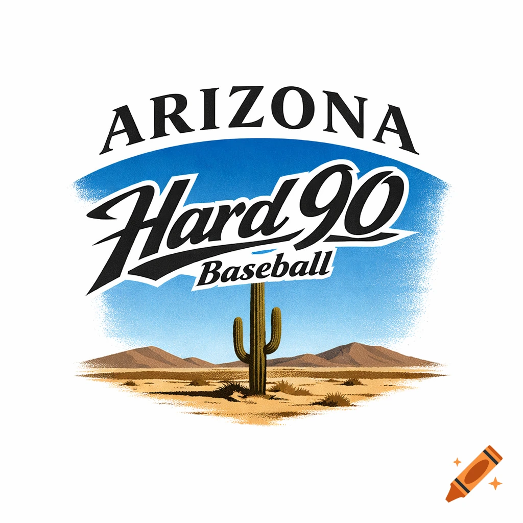 A stylized logo featuring "ARIZONA Hard 90 Baseball" text above a desert scene with a saguaro cactus and mountains under a blue sky.