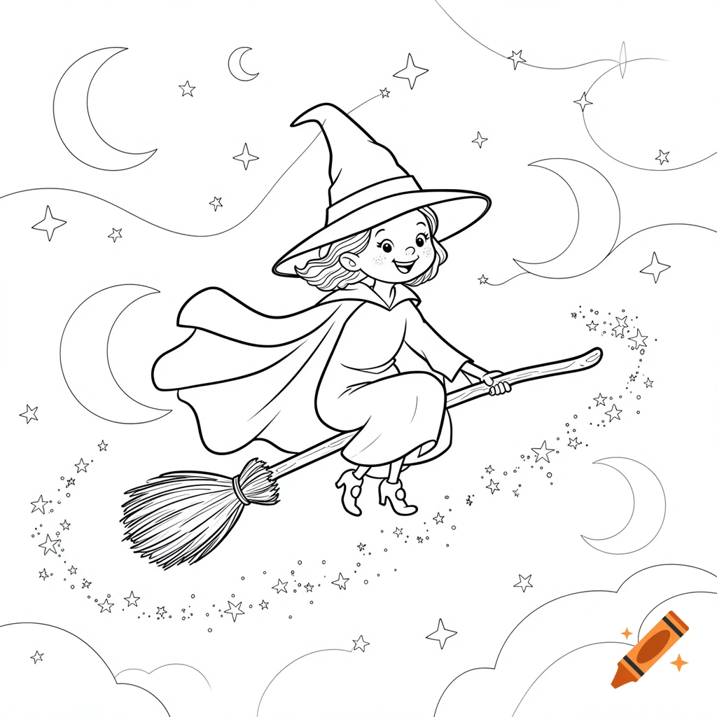 A smiling cartoon witch flies on a broomstick through a starry night sky, rendered as a black and white coloring page.