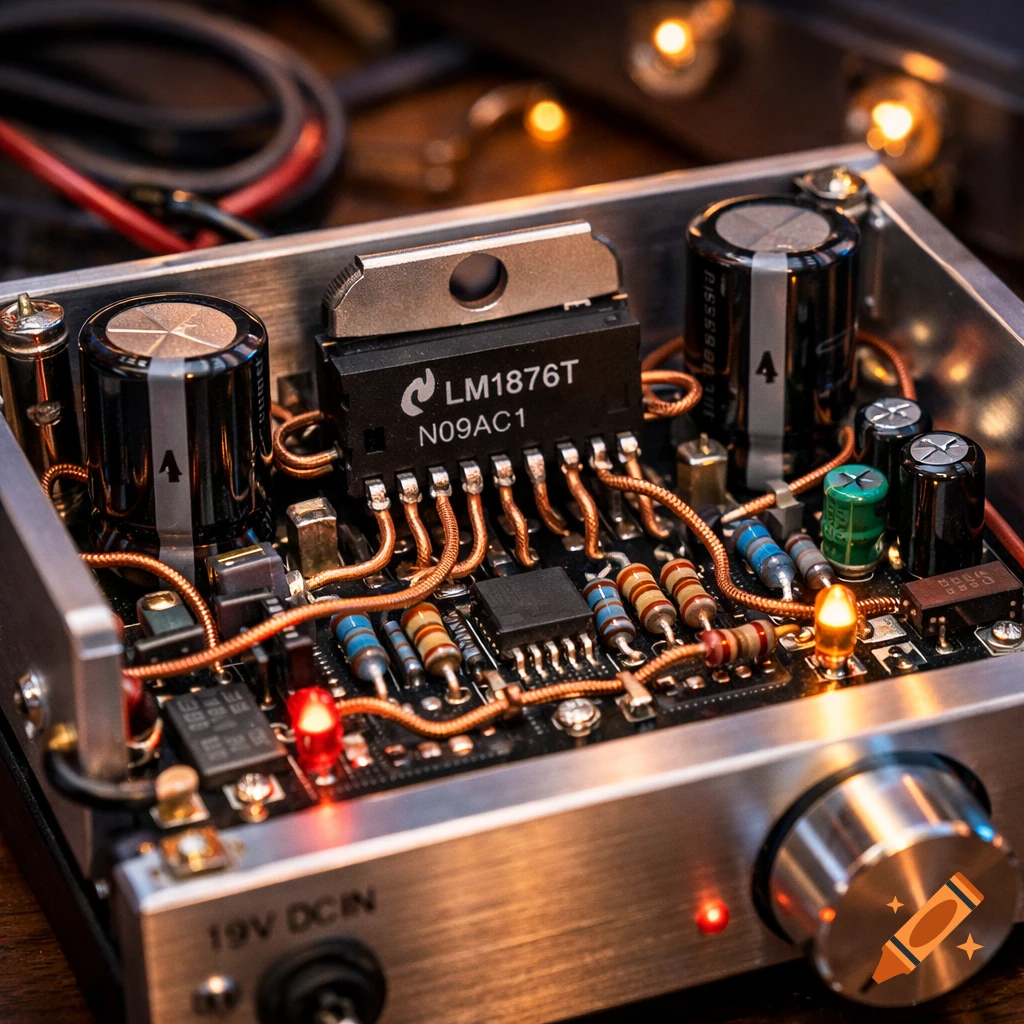 A close-up of a DIY point-to-point LM1876T amplifier circuit board with glowing LEDs and a control knob.