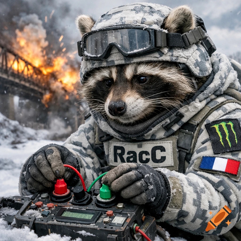 A photorealistic raccoon in winter tactical military gear operates a detonator in snow with an exploding bridge in the background.