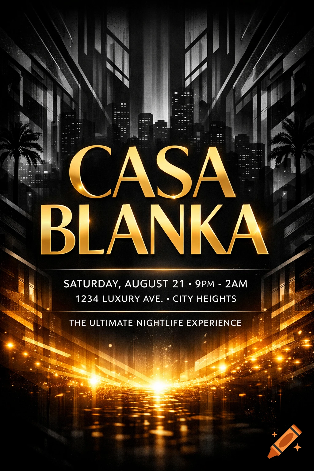 Golden "CASA BLANKA" party flyer with an Art Deco cityscape, palm trees, and glowing light effects.