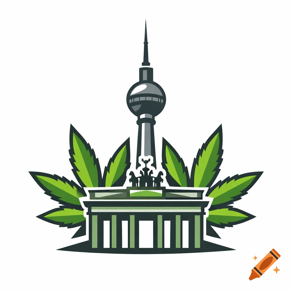 Stylized icon of Berlin TV Tower and Brandenburg Gate surrounded by green cannabis leaves in vector art.