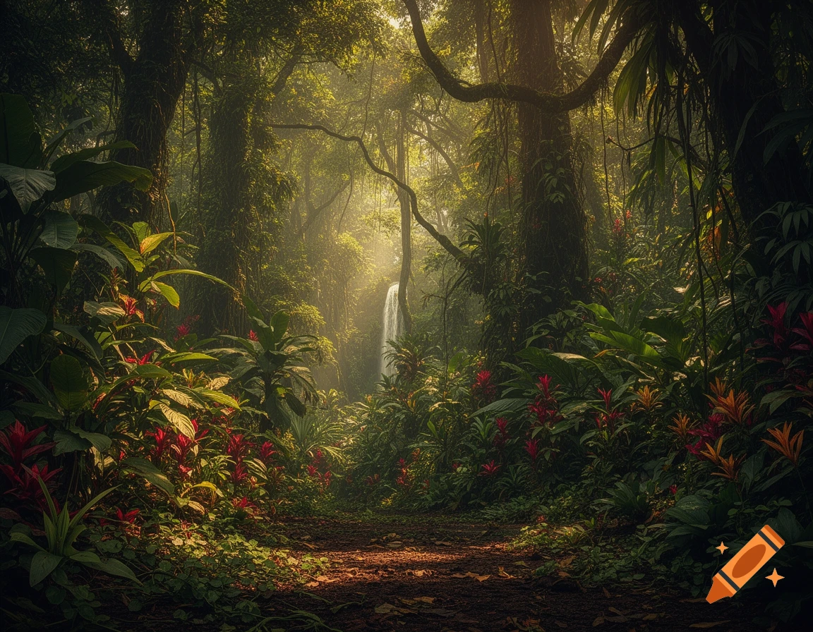 A path leads through a lush, sunlit jungle filled with red and orange ...
