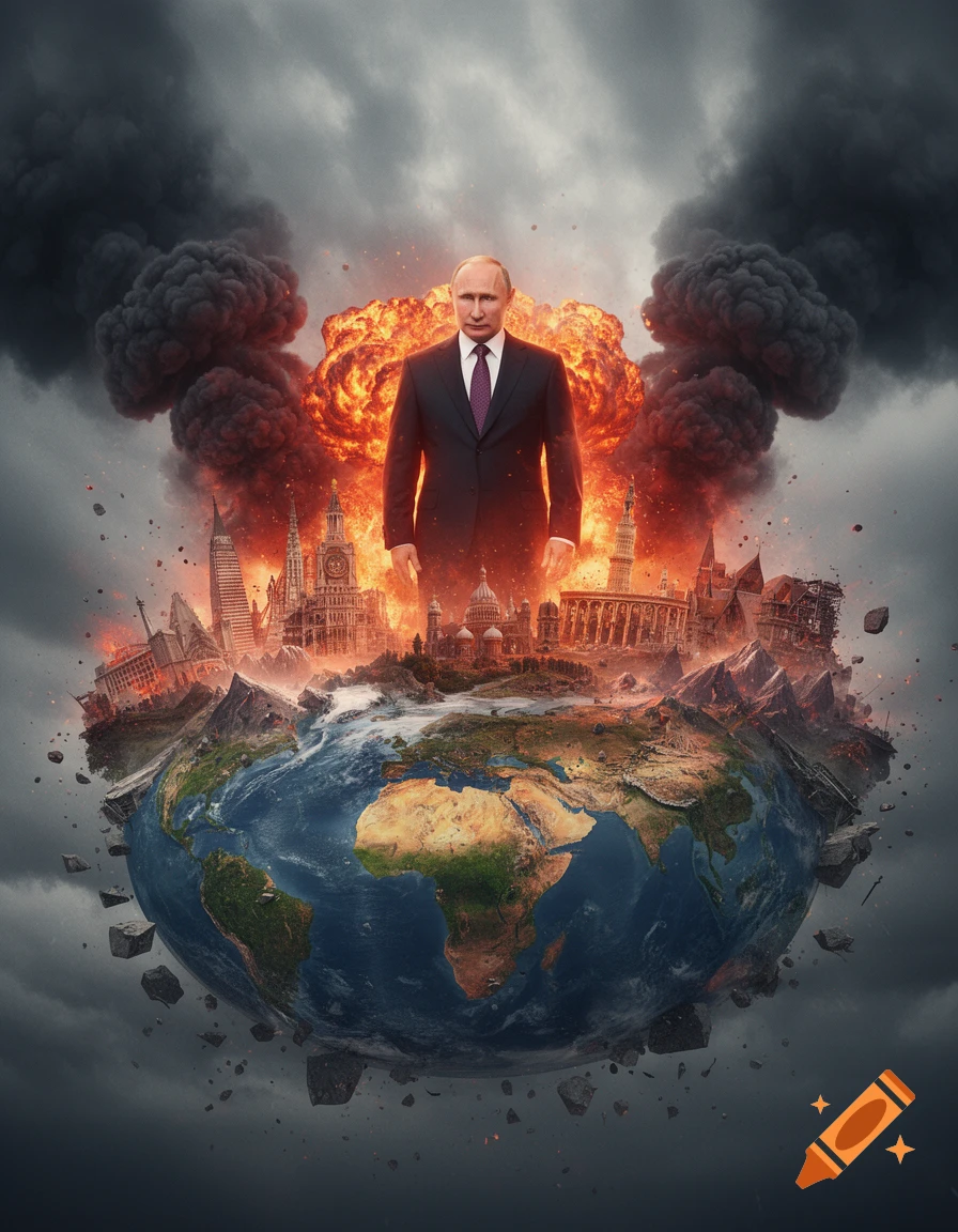Vladimir Putin stands dramatically over a shattered, exploding Earth with burning cities and dark smoke against a stormy sky.