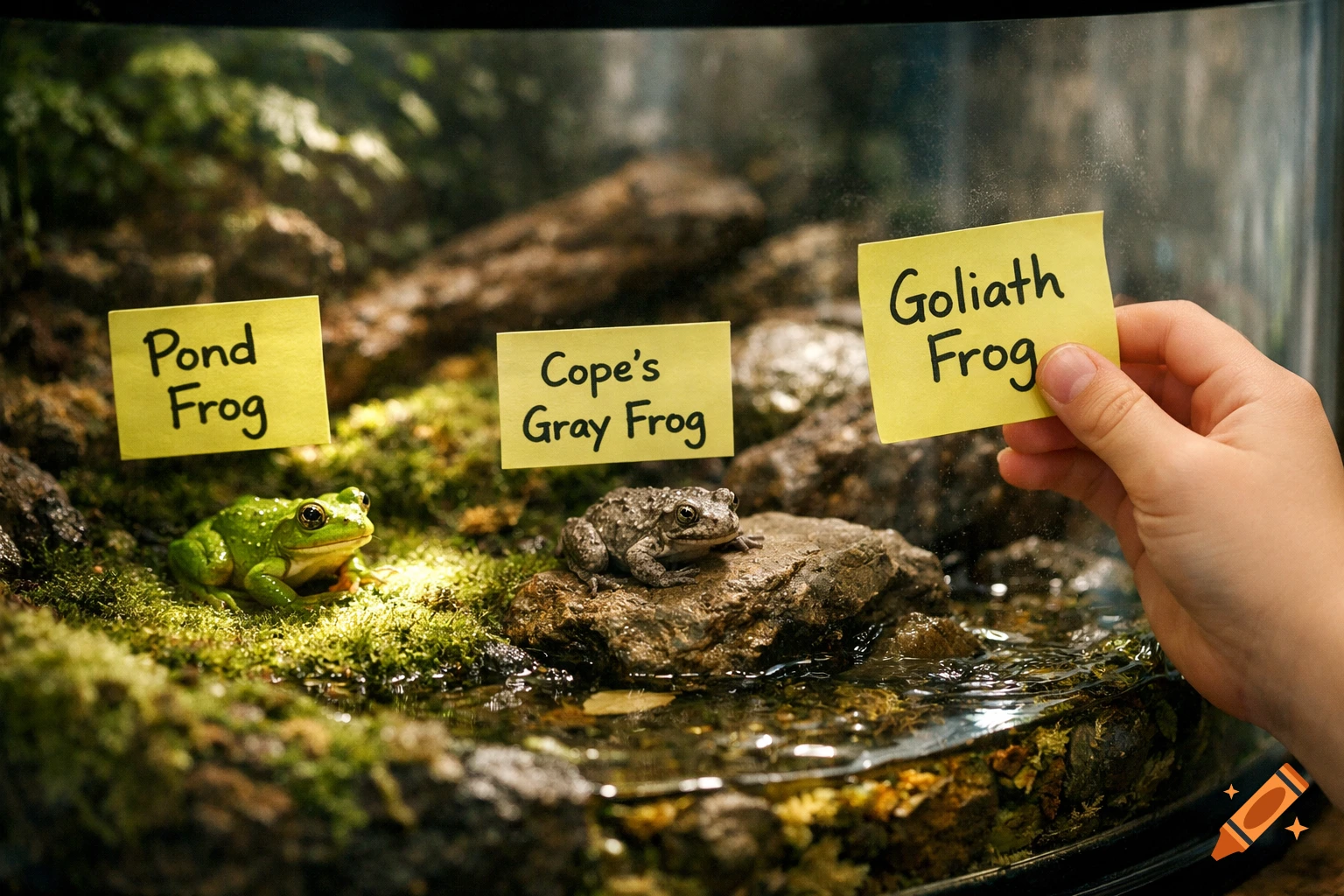 Photorealistic close-up of a terrarium with a green frog, a gray frog, and a child's hand placing a label.