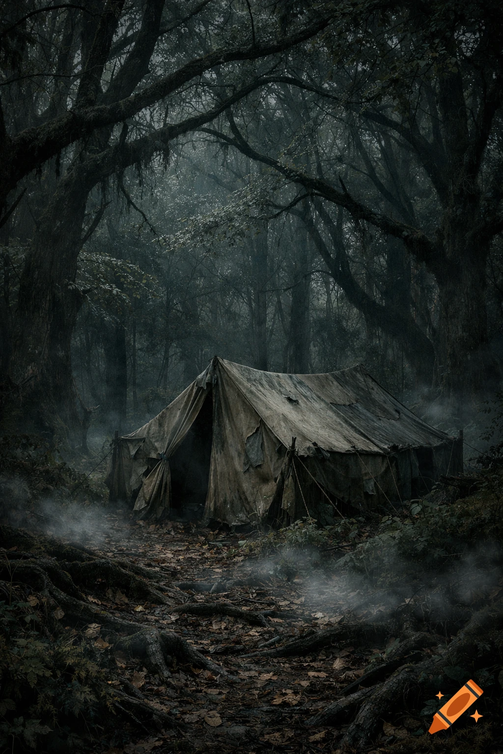 An old, tattered tent sits on a path of roots and leaves in a dark, misty forest, rendered in a photorealistic style.