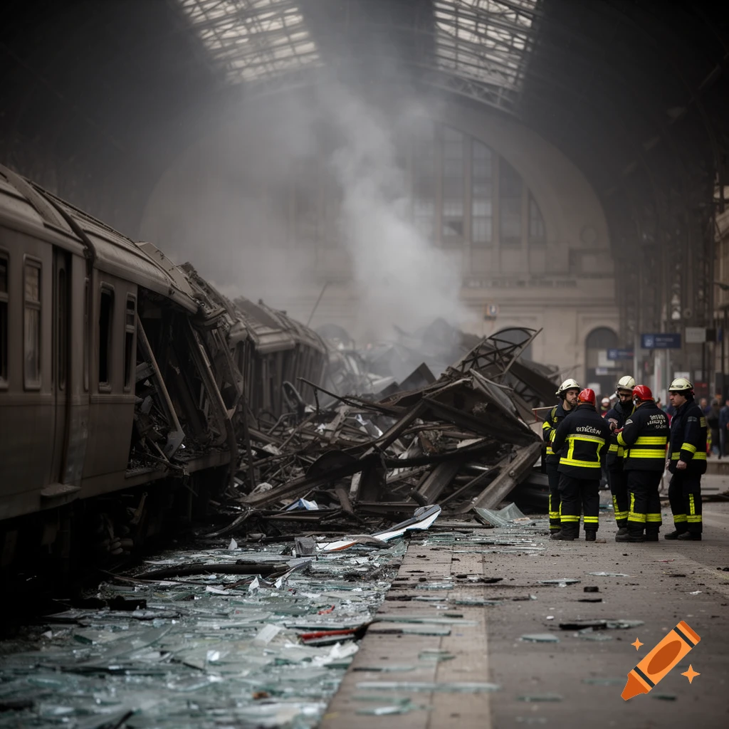 Photorealistic image of a train crash aftermath with smoke and debris inside a station, emergency responders on the platform covered in glass.