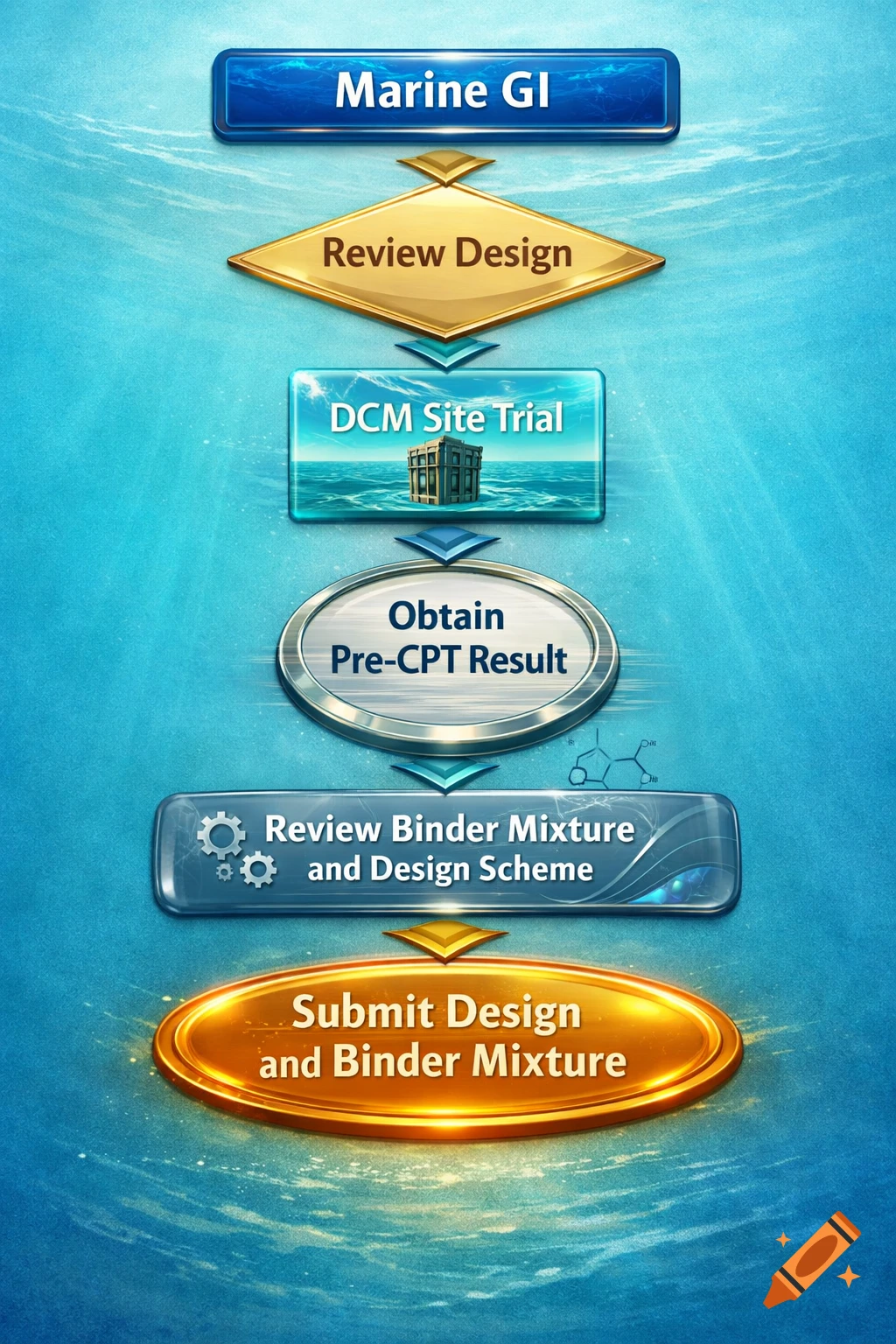 A stylized blue and gold flowchart on an oceanic background, detailing steps for marine GI, design review, DCM site trial, CPT results, binder mixture review, and final design submission.