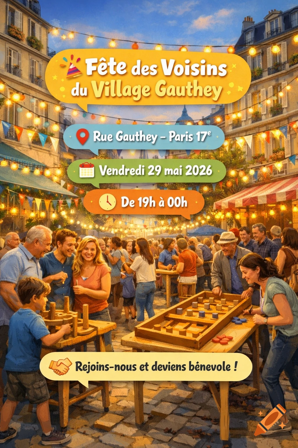 A vibrant illustration of a neighborhood festival in Paris with people of all ages playing games, socializing, and surrounded by string lights and Parisian buildings.