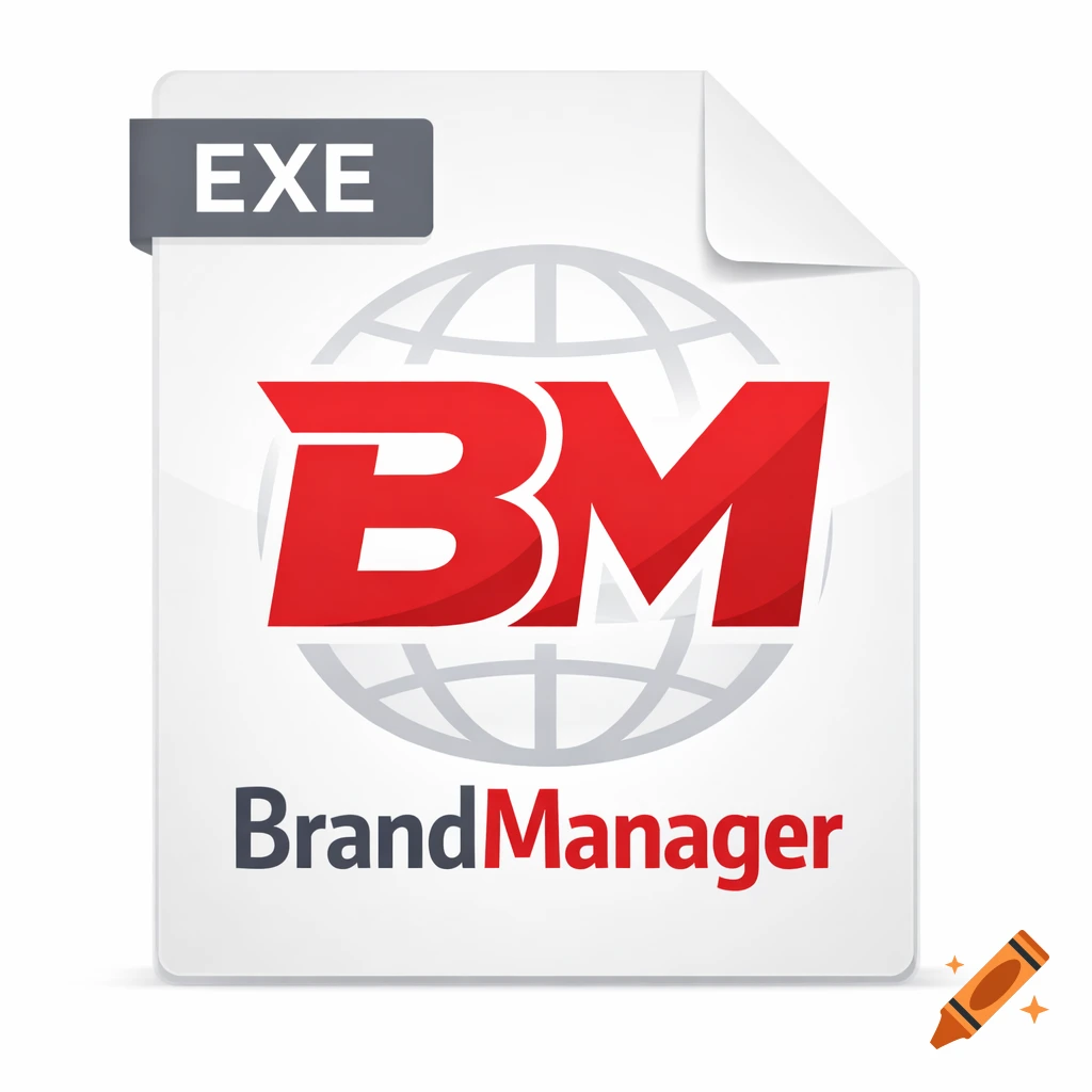 Icon for an EXE file, showing a red 'BM' logo over a globe and 'BrandManager' text on a white document.