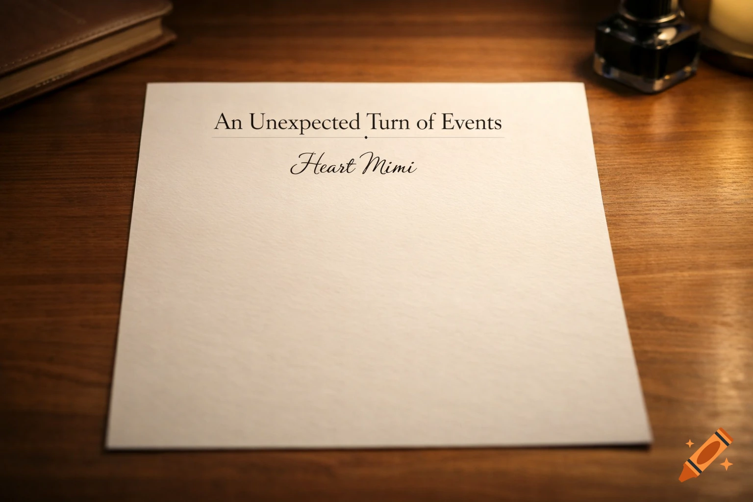 A sheet of white paper with the title "An Unexpected Turn of Events" and "Heart Mimi" on a wooden desk with an inkwell and book.