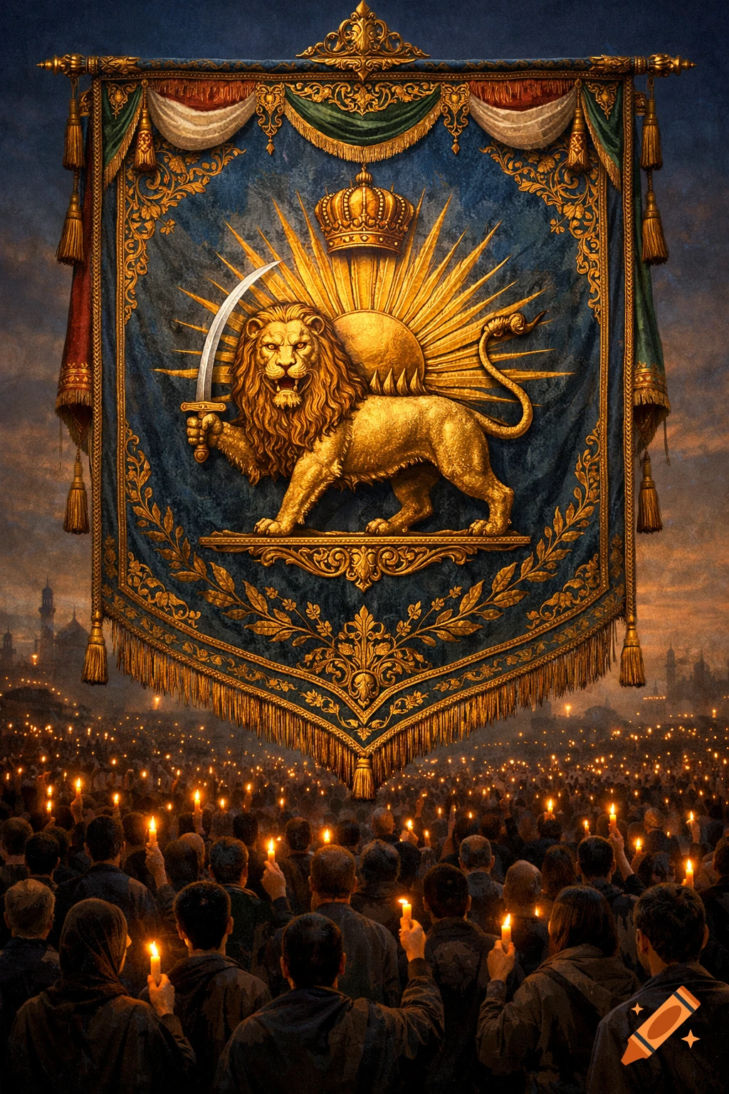 A large, ornate banner featuring a golden lion holding a sword, a crown, and a sunburst hangs above a massive crowd of people holding lit candles at dusk.