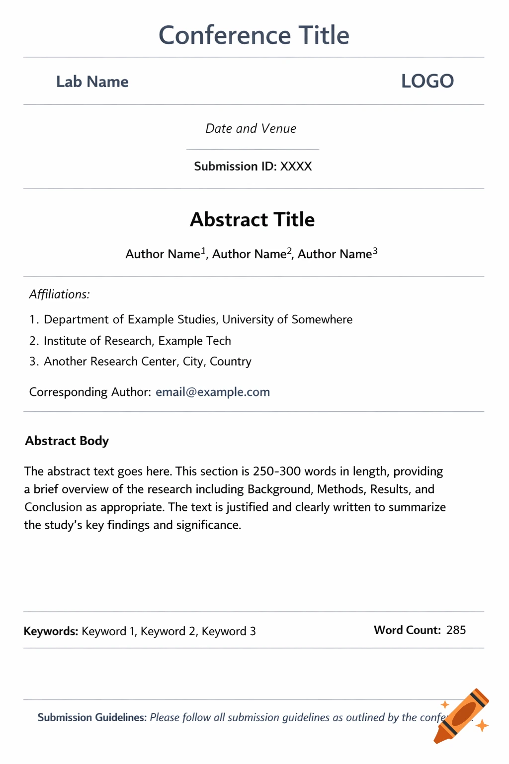 A clean, professional abstract submission template for an academic conference with placeholders for title, authors, affiliations, and body text.