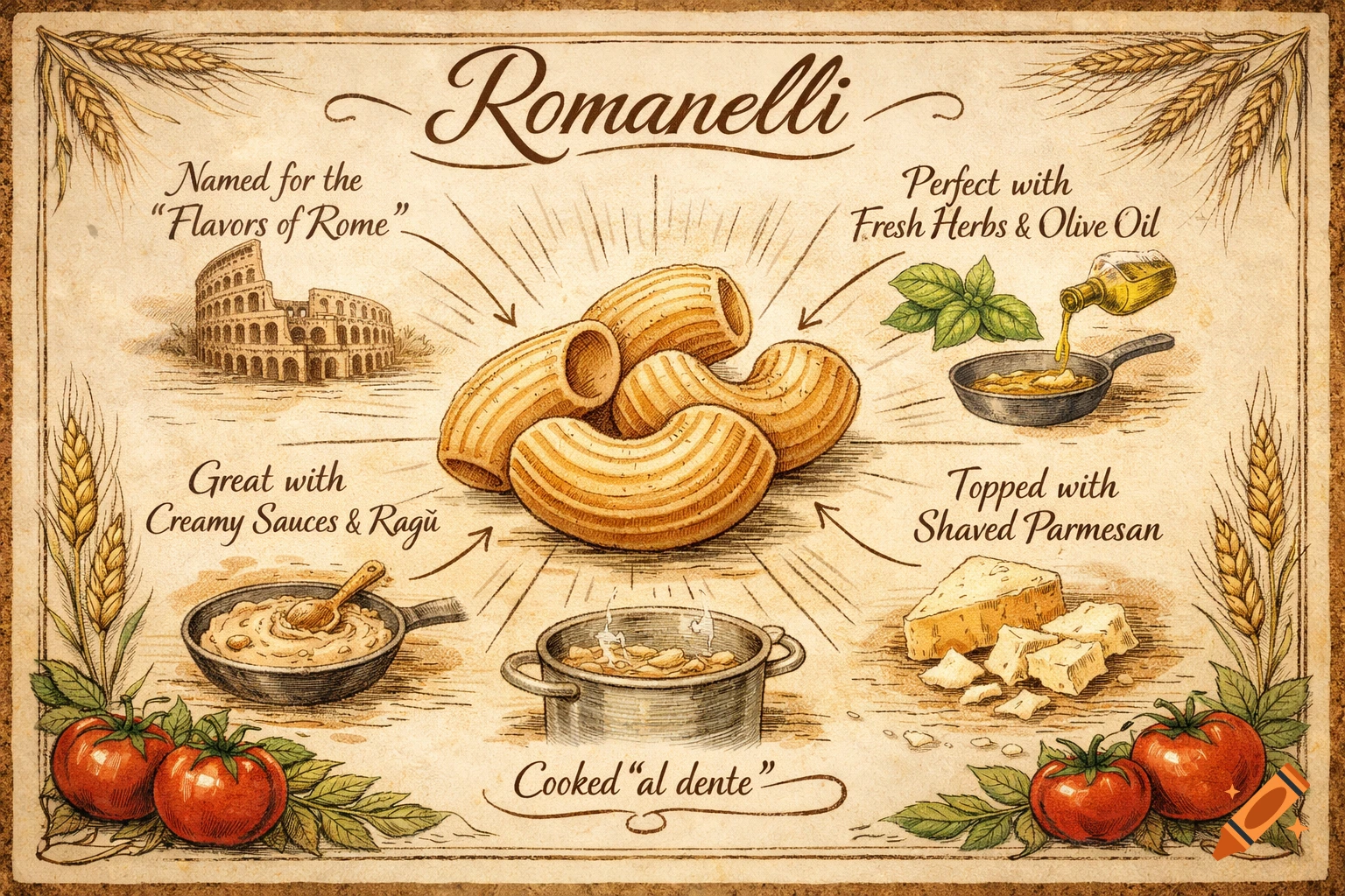 Hand-drawn infographic for Romanelli pasta with illustrations of ingredients, serving suggestions, and the Colosseum.