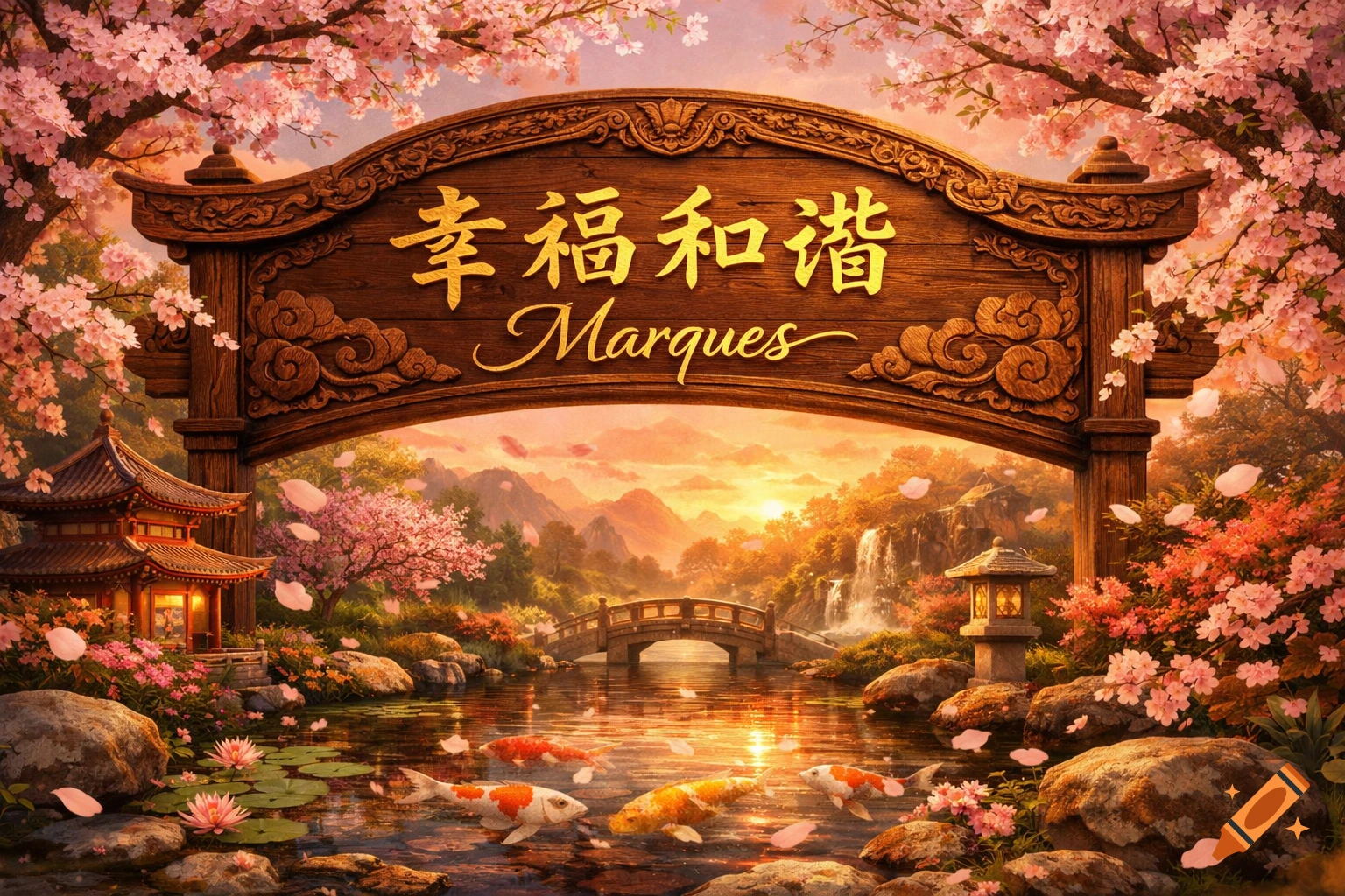 A beautiful Japanese garden at sunset with cherry blossoms, a pagoda, koi fish in a pond, and a wooden sign.