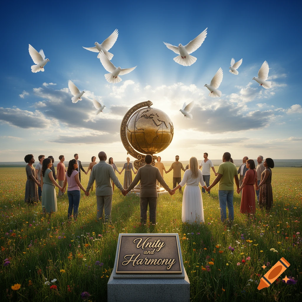 Diverse people hold hands around a golden globe as doves fly, with a plaque reading 'Unity and Harmony' in a sunny field.
