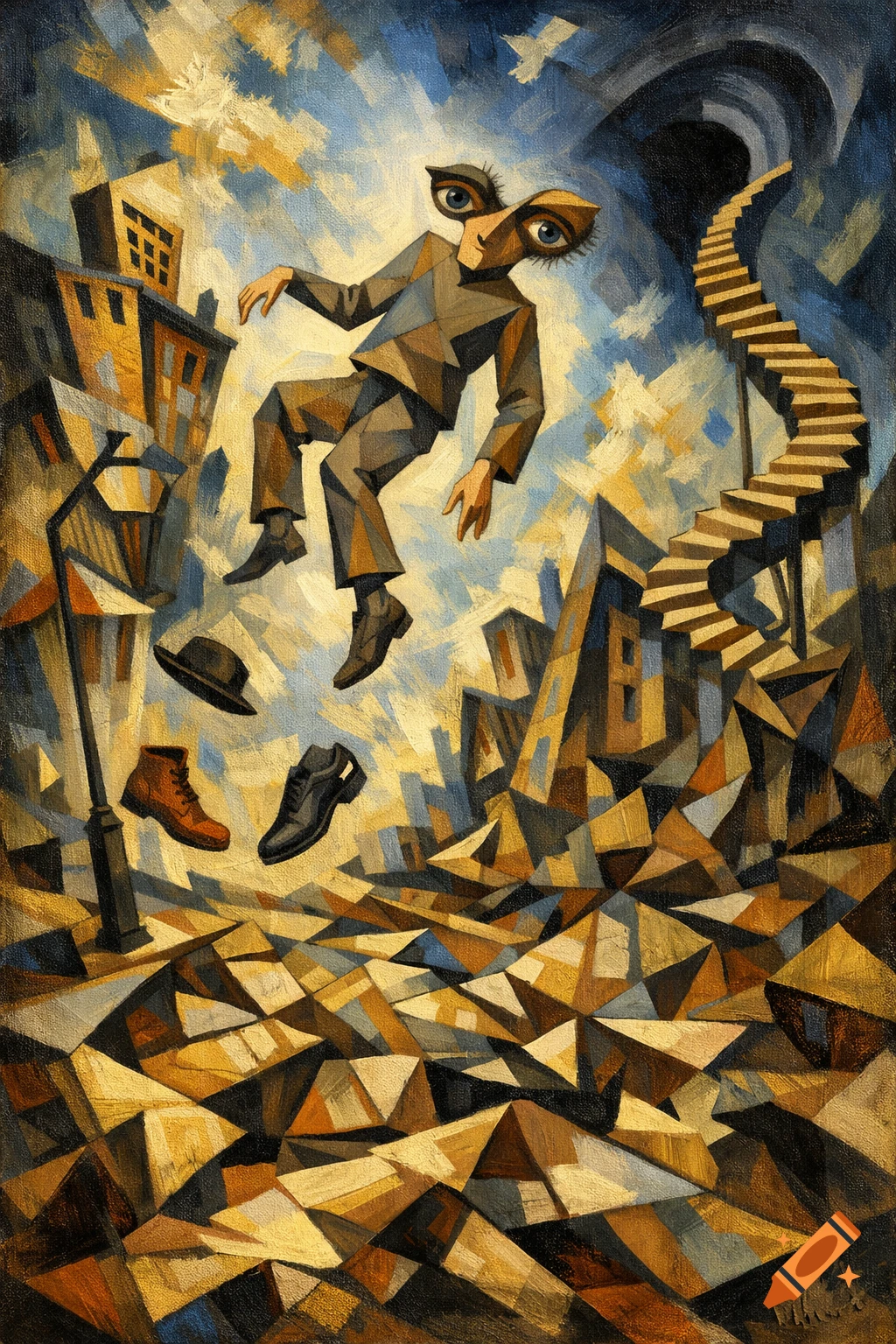 A surreal cubist painting shows an angular figure floating above fragmented ground and bending buildings, with shoes and a hat suspended in mid-air.