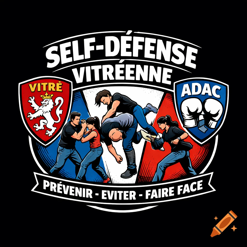 Comic book style logo for self-defense, showing martial arts techniques, with French text 'SELF-DÉFENSE' and two crests.