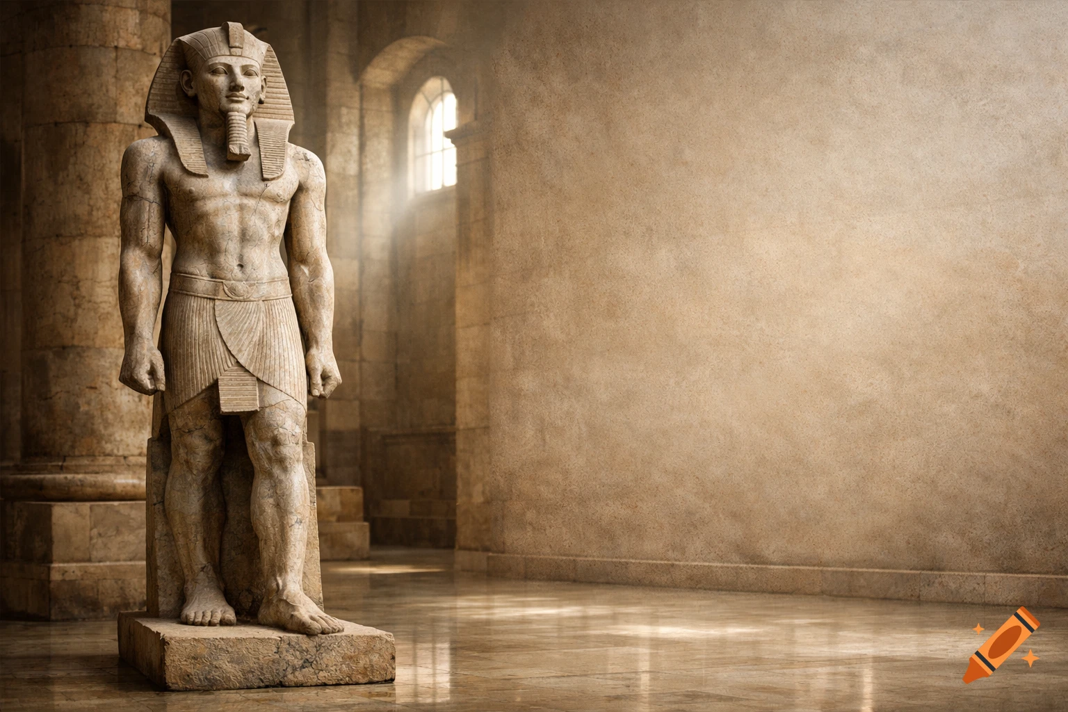 A photorealistic image of an ancient Egyptian pharaoh statue standing in a stone hall with light streaming from arched windows.