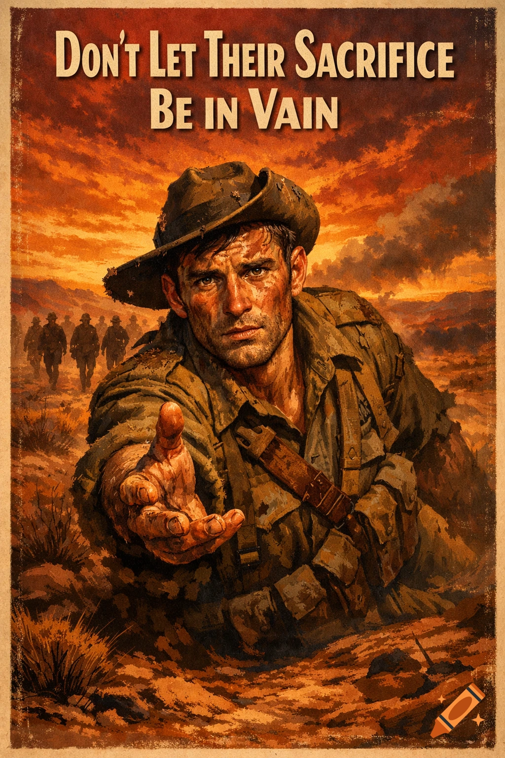 A vintage war propaganda poster shows a weary soldier reaching out to the viewer, with other soldiers marching under a fiery sky. Text reads "Don't Let Their Sacrifice Be In Vain".