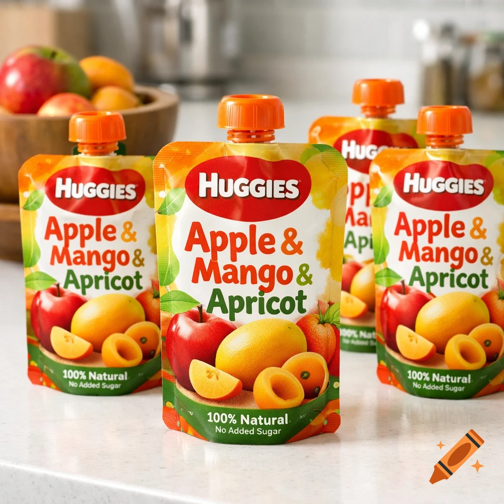 Several Huggies Apple & Mango & Apricot baby food pouches standing on a white counter with fresh fruit in the background, in a bright, photorealistic style.