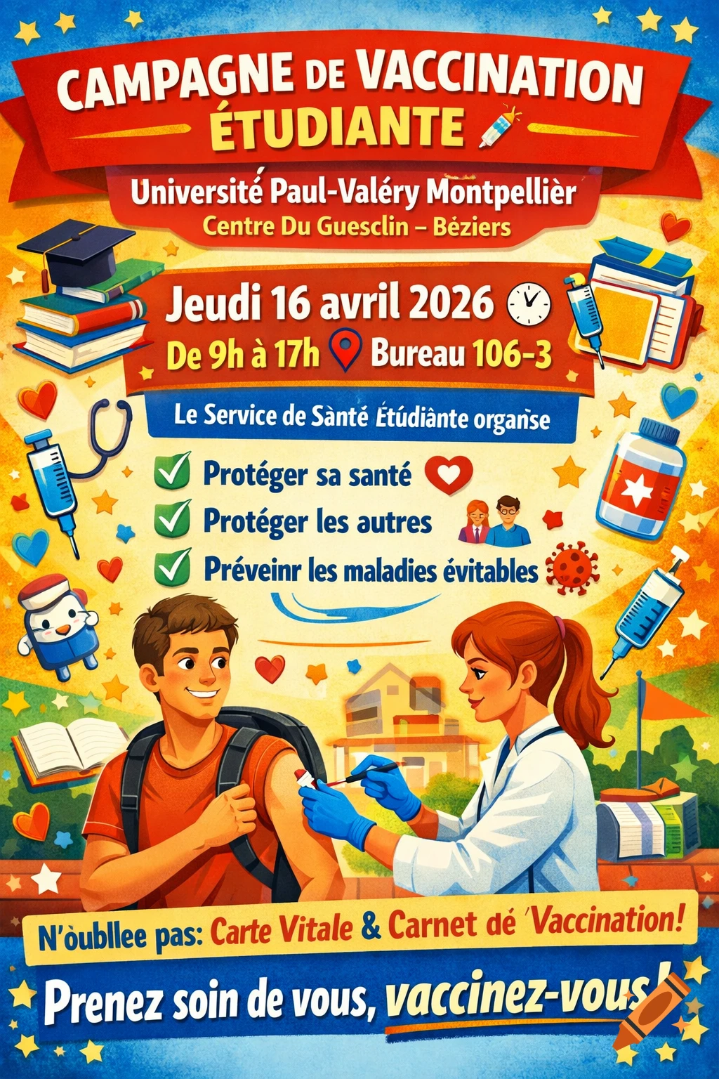 A colorful illustration of a vaccination campaign poster. A nurse in blue gloves gives a shot to a male student. Text details vaccination location, date, and benefits.