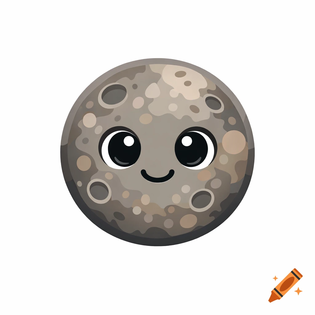 A cute, cartoon-style planet Mercury emoji with a smiling face and large eyes on a white background.