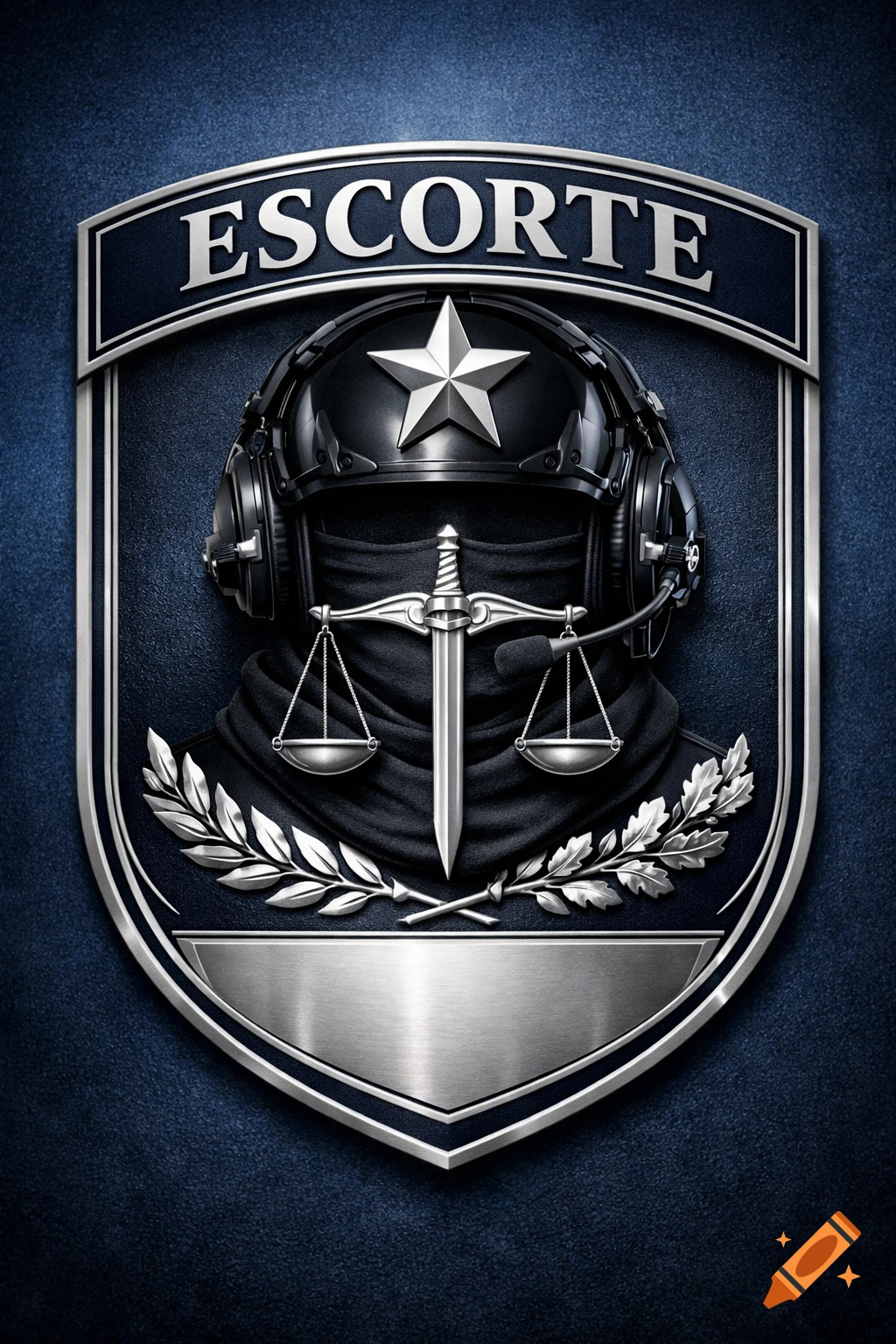 A metallic shield emblem features a dark helmet with a silver star, headphones, a sword, scales of justice, and a laurel wreath, with "ESCORTE" on a top banner.