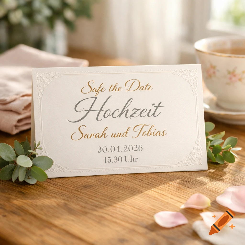 A photorealistic image of a wedding save-the-date card on a wooden table with eucalyptus and rose petals.