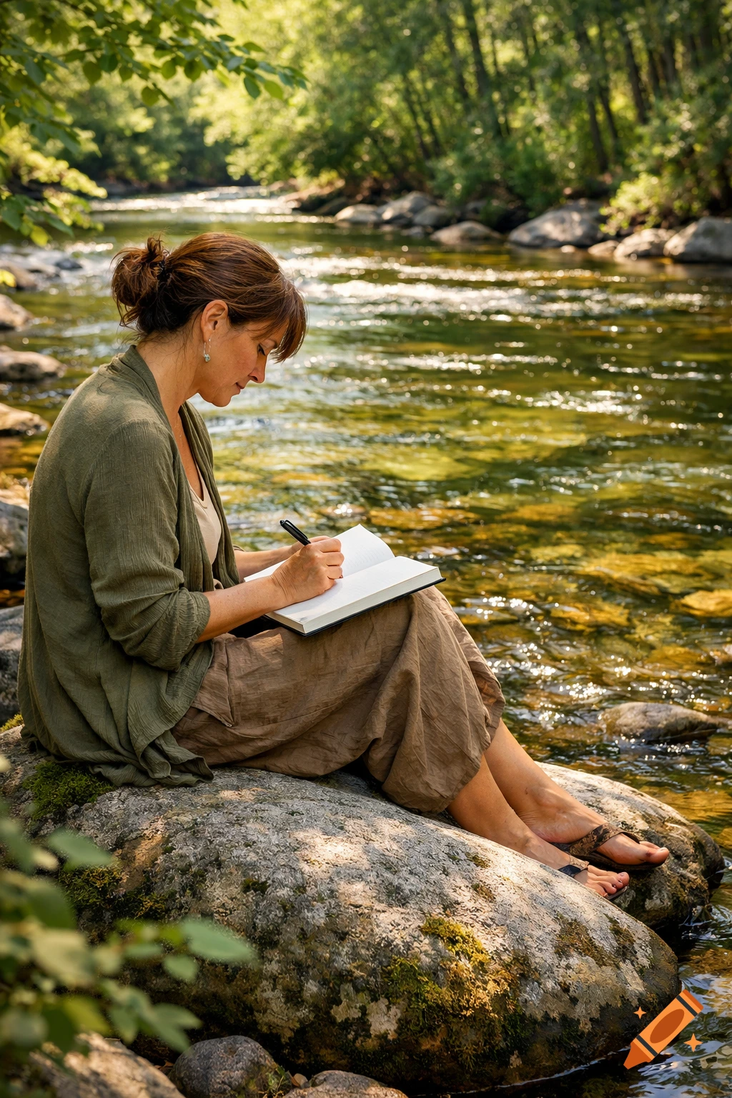 A woman sits on a mossy rock by a sunlit river, writing in a book, surrounded by lush trees.