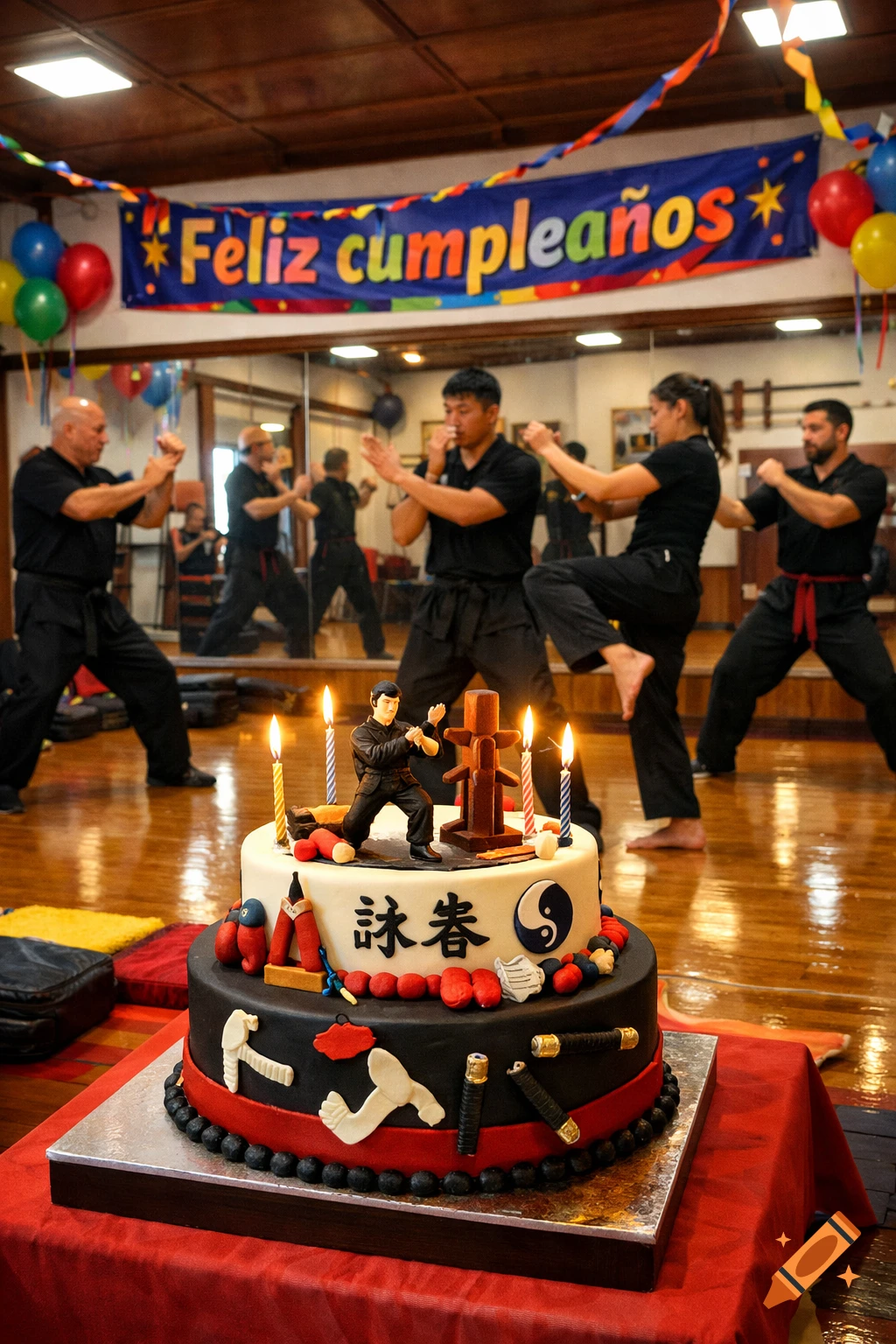 A birthday cake with martial arts decor on a red table, with people practicing Wing Chun in the background under a 'Feliz Cumpleaños' banner.