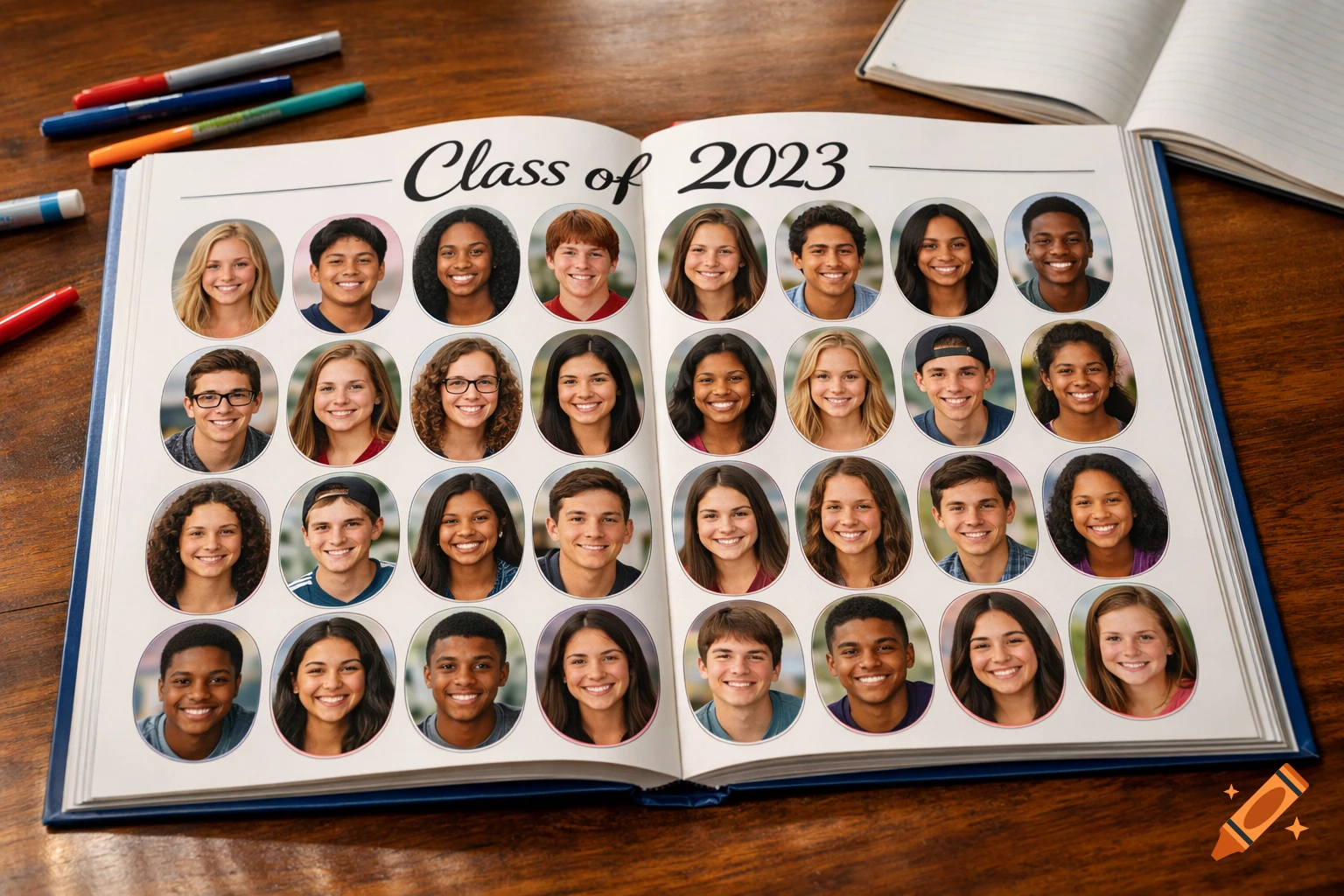 An open yearbook displaying a grid of smiling student portraits under the title 'Class of 2023' on a wooden desk with markers.