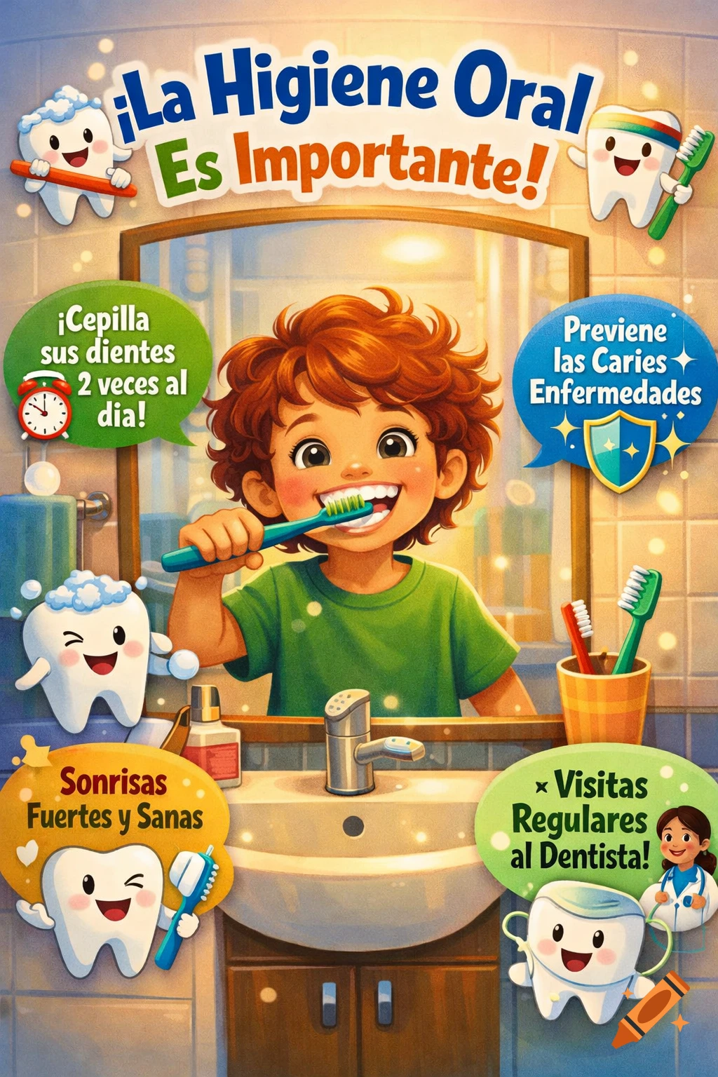 Cartoon illustration of a child brushing teeth in a bathroom, surrounded by cheerful tooth characters and educational text bubbles about oral hygiene.