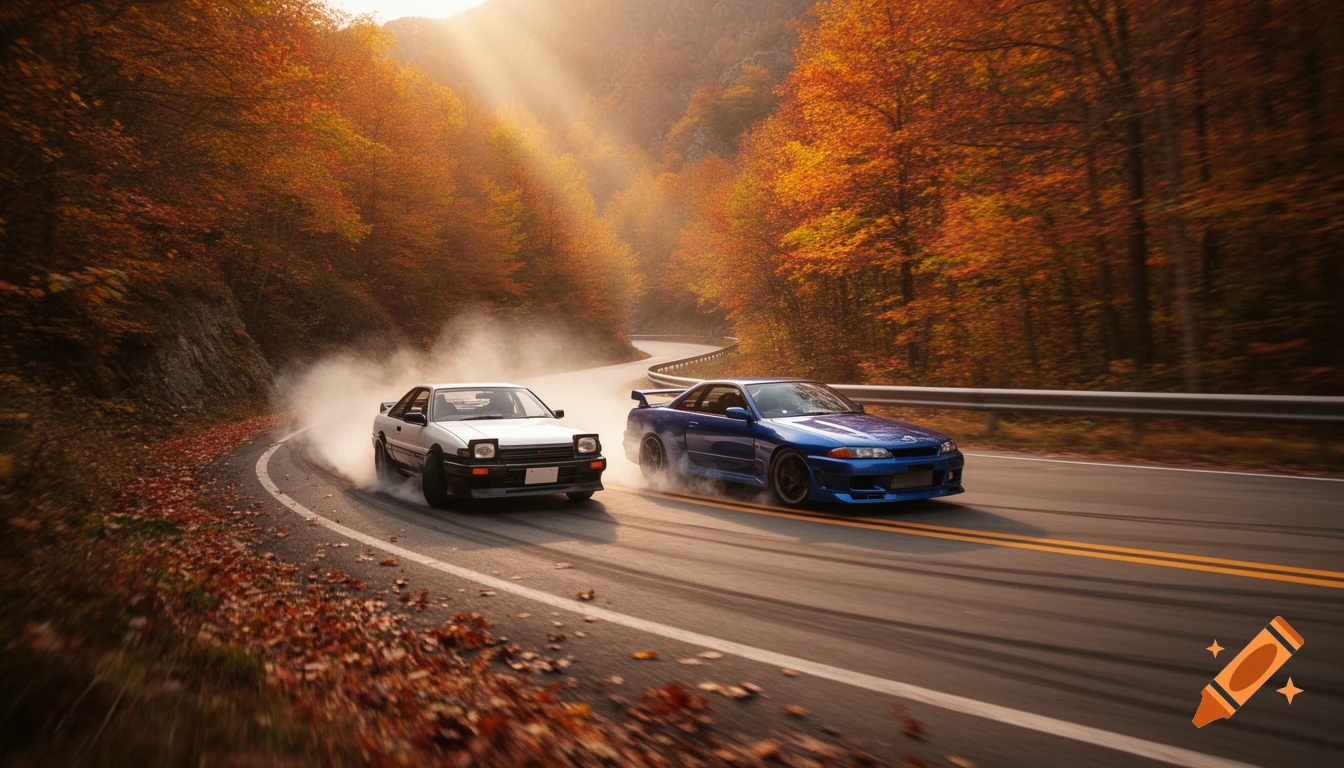 A white AE86 and blue Skyline drift on an autumn mountain road, smoke billowing from tires as sun rays shine through trees.