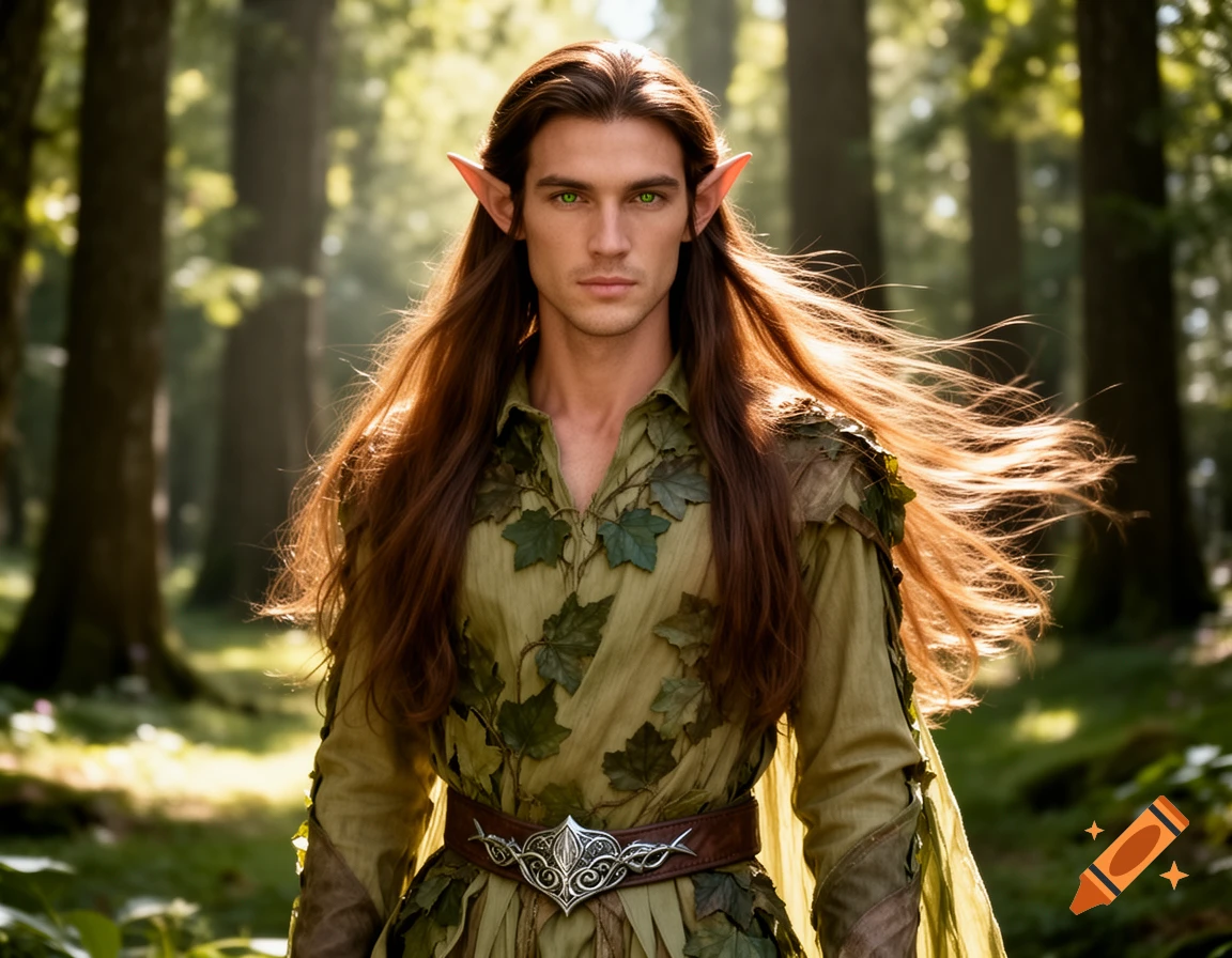 A handsome male elf with long brown hair and green eyes stands in a sunlit forest, wearing a leaf-adorned tunic.