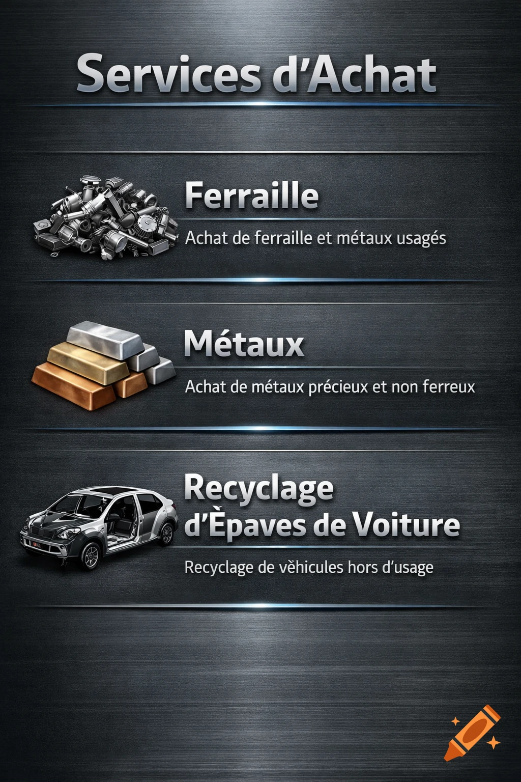 A dark, metallic-textured menu displaying three services: scrap metal purchase, precious metal purchase, and car wreck recycling, with corresponding icons.