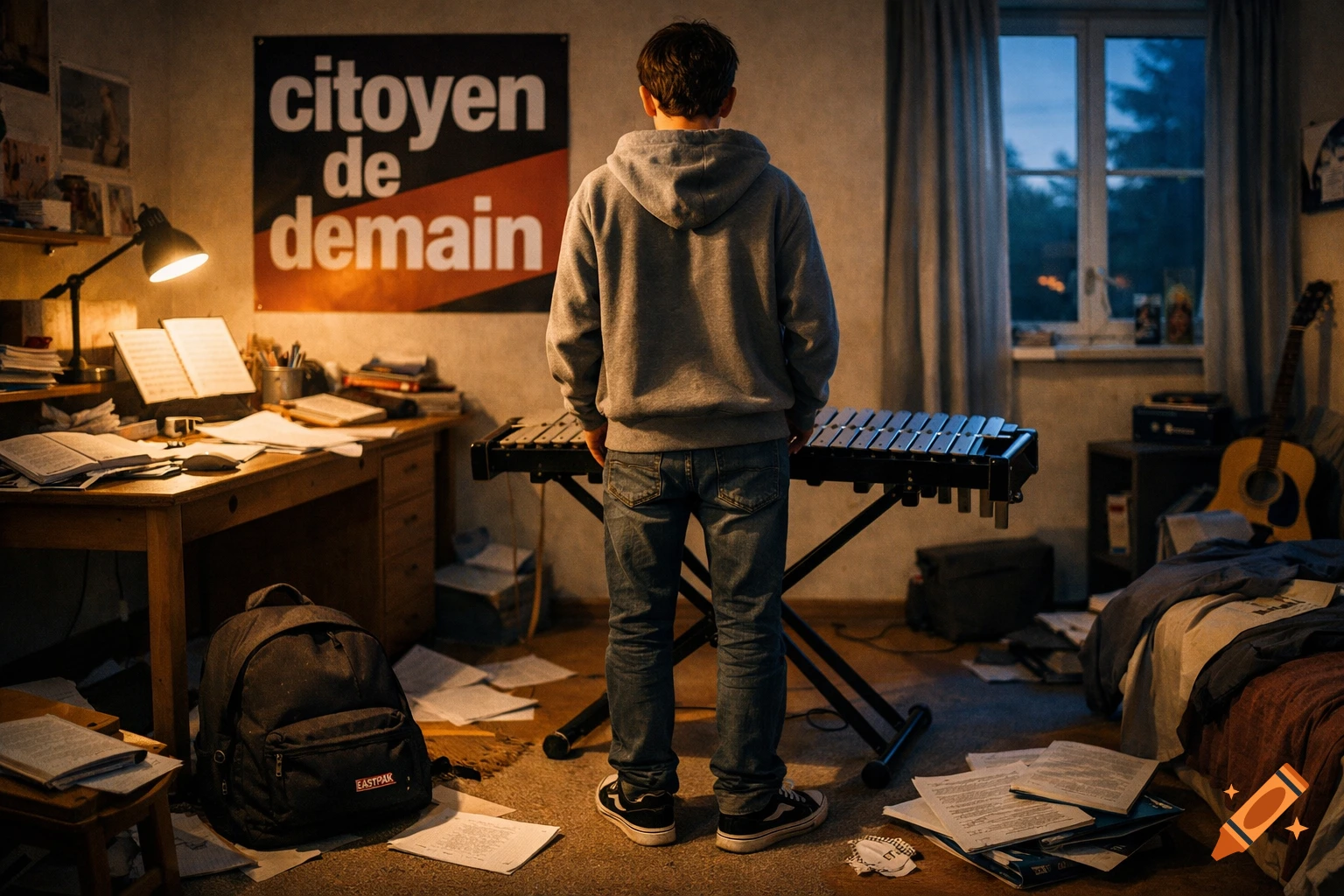 Photorealistic image of a teenage boy in a messy bedroom, back to viewer, looking at a xylophone. Poster reads 'citoyen de demain'.