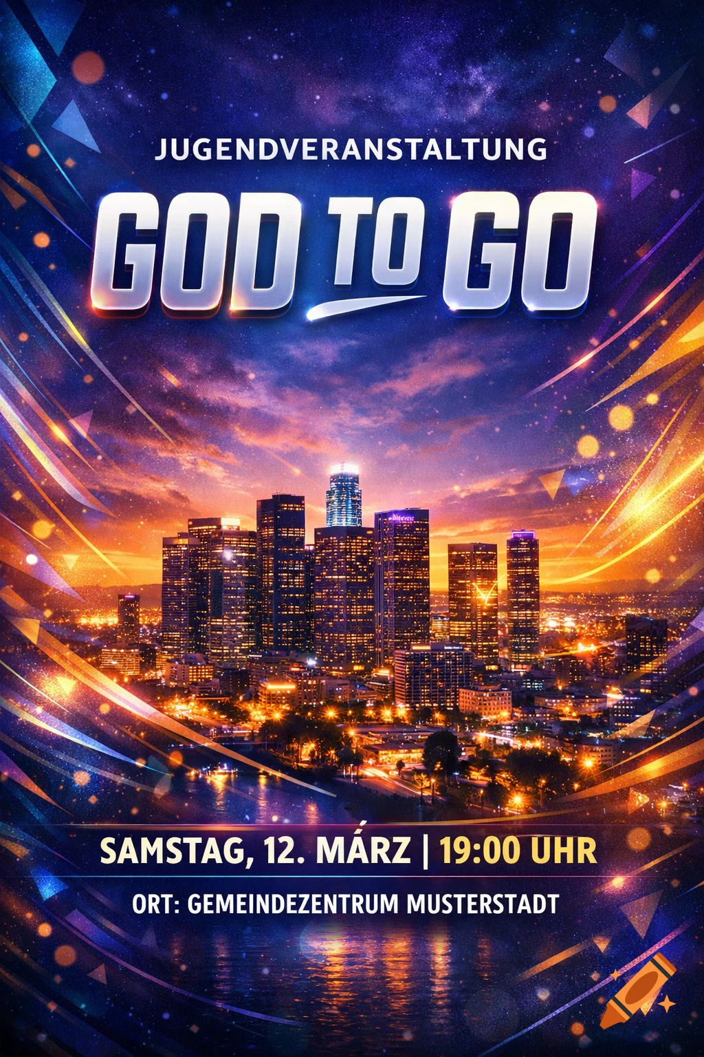 Vibrant flyer for a 'God To Go' youth event, featuring a glowing cityscape at dusk with abstract light streaks.