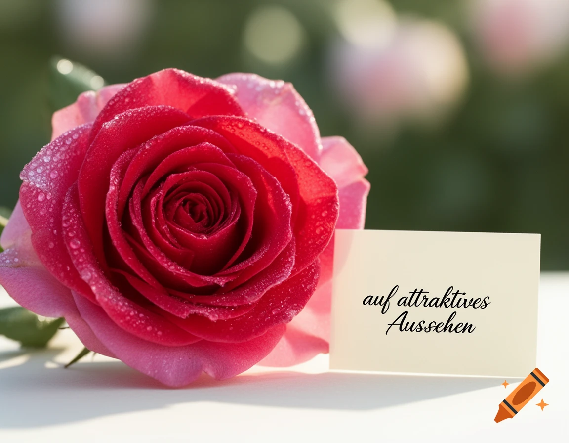 Close-up of a vibrant red rose covered in water droplets next to a note with German text 'auf attraktives Aussehen'.