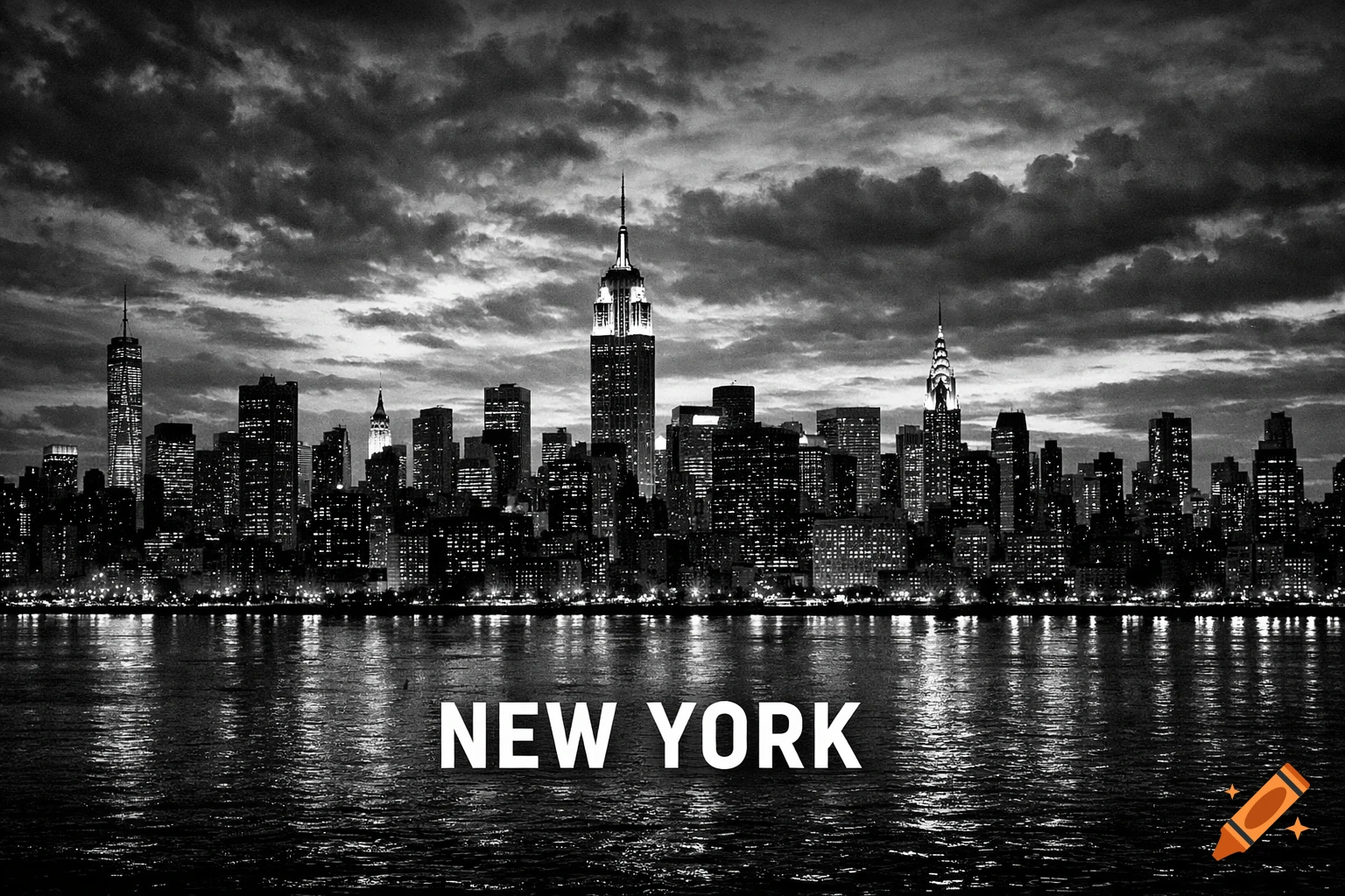 Black and white photo of the New York City skyline at night with famous illuminated buildings reflected on the water, cloudy sky, and "NEW YORK" text.