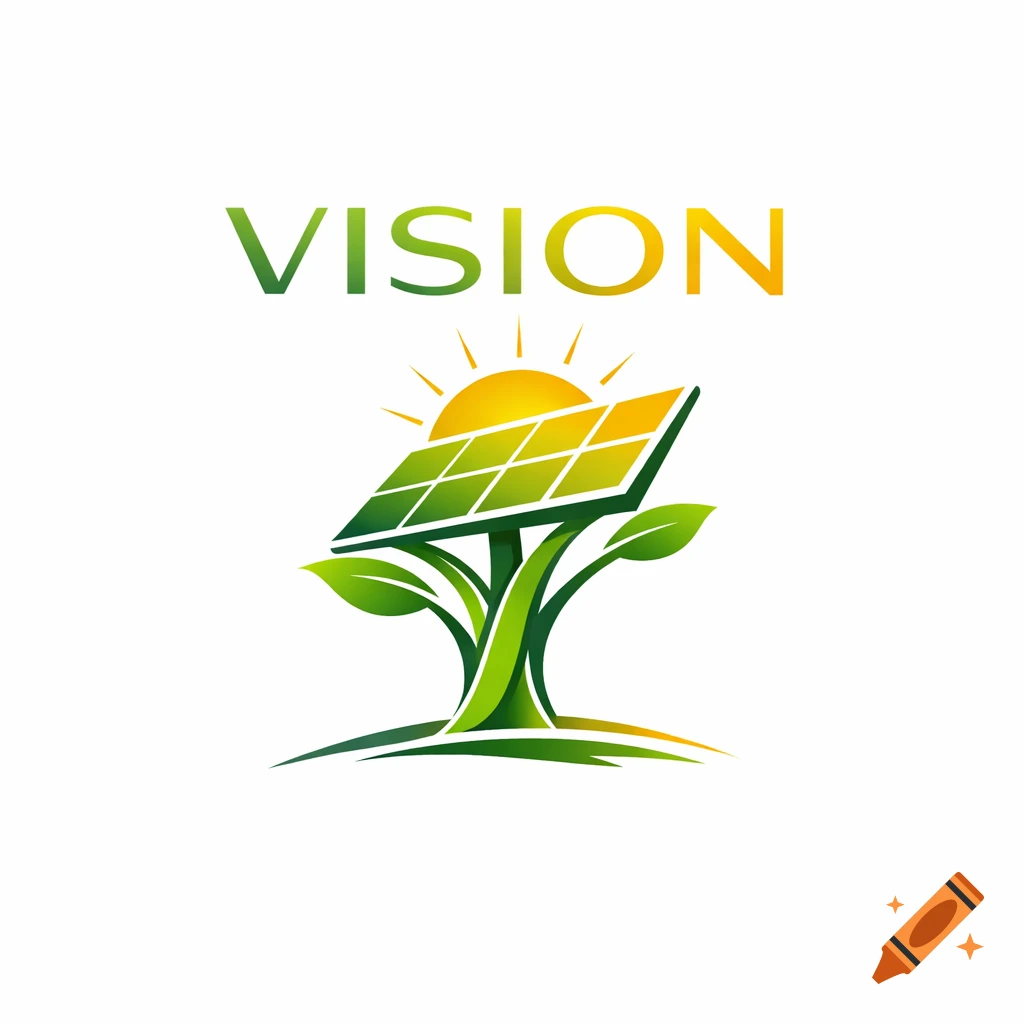 A logo featuring the word VISION in green and yellow above a solar panel growing from green leaves with a sun behind it.
