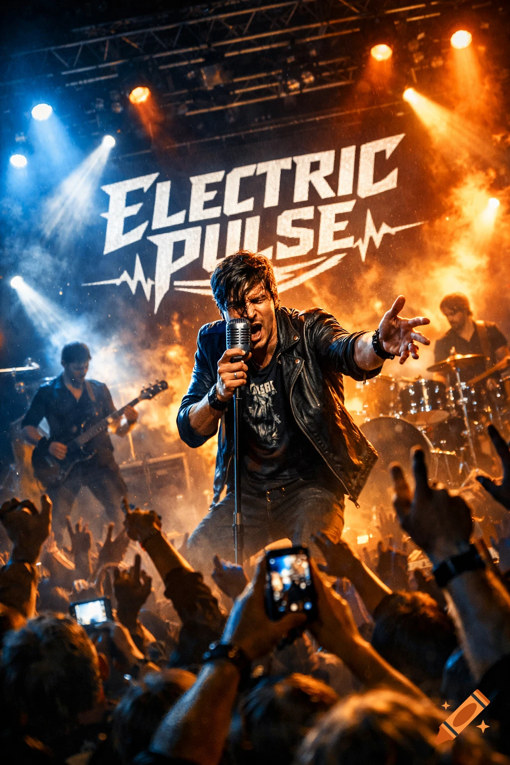 A lead singer performs with a rock band on stage under dramatic blue and orange lighting, with a cheering audience in the foreground.