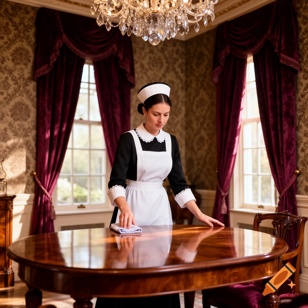 A young maid in a black and white uniform meticulously wipes a large wooden table in a luxurious room with ornate wallpaper and velvet curtains.