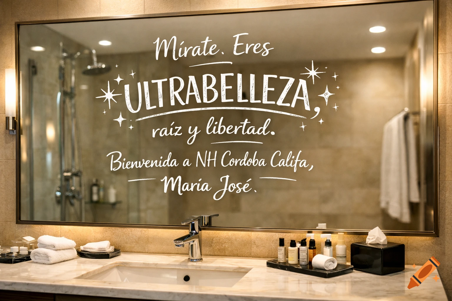 A luxury hotel bathroom mirror featuring white chalk text and sparkles. A marble sink with amenities is reflected below.