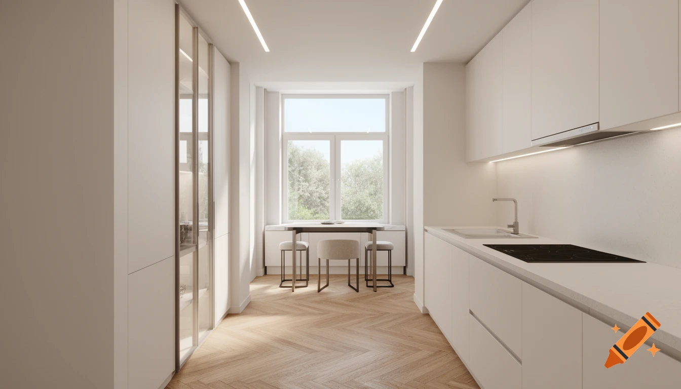 A modern, bright, narrow kitchen with white minimalist cabinets, a light wood herringbone floor, and a small dining area by a large window.