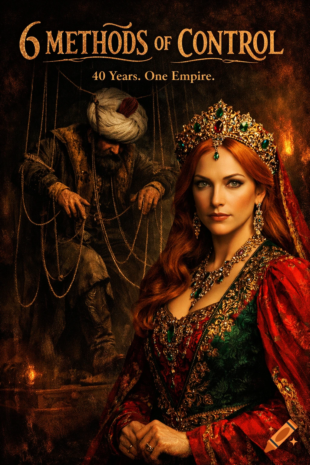 Photorealistic dramatic movie poster with a queen in red and green, an old man manipulating puppet strings in the background.